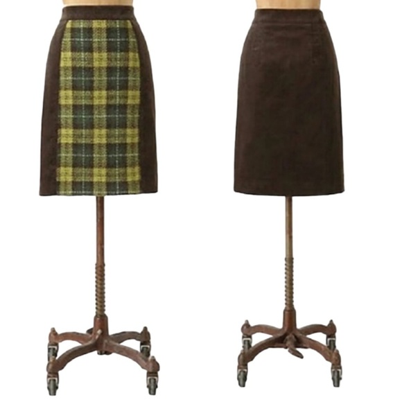 Anthropologie Maeve Brown Corduroy Green Plaid Wool Academia Skirt 2 - Picture 1 of 8